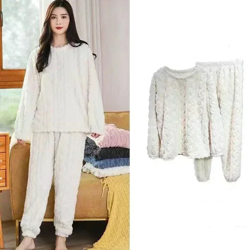 Casual Pajama Set Warm 2 Piece Thicken Soft Velvet Ribbed Fleece Set Pullover And Pants