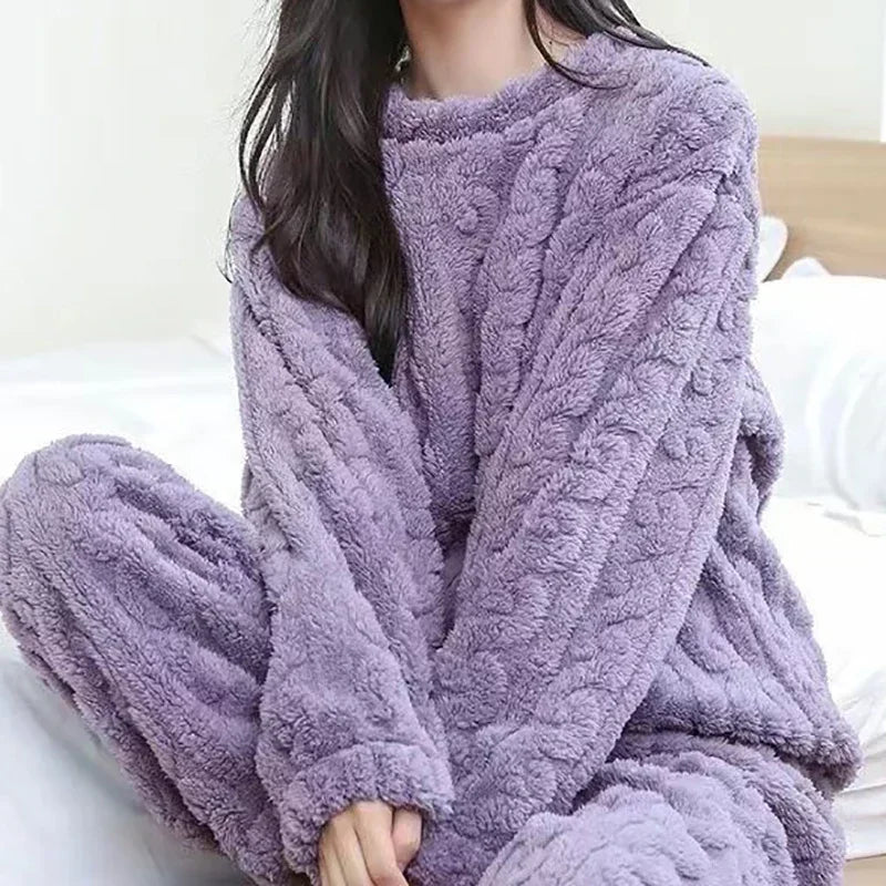 Casual Pajama Set Warm 2 Piece Thicken Soft Velvet Ribbed Fleece Set Pullover And Pants